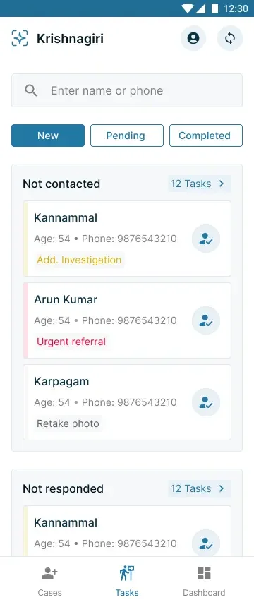 Aarogya Aarohan tasks screen showing new, pending, and completed follow-ups
