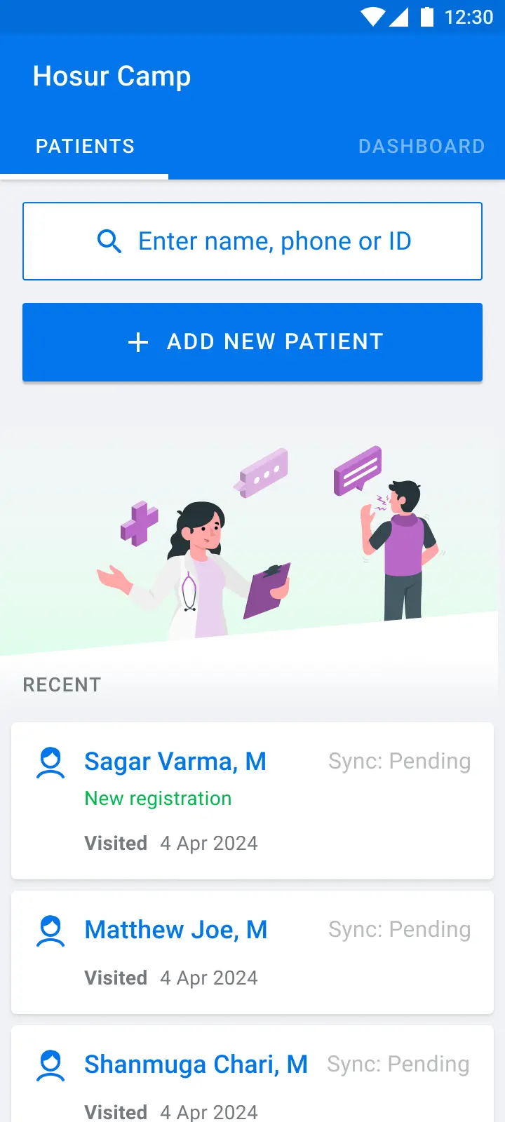 Home screen with patient list and sync status